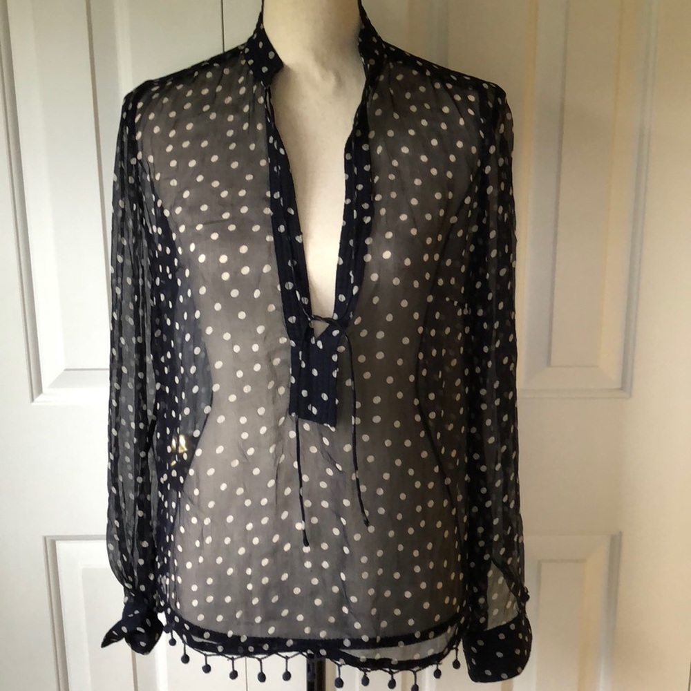 J Crew Polka Dot Sheer Top with Pom Pom Trim